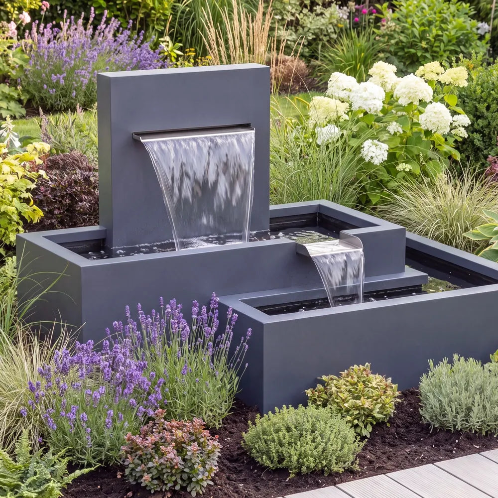 Aluminium-Brunnen mit einer Wasserkaskade aus Metall in einem Blumenbeet mit bunten Blumen und grünen Pflanzen.