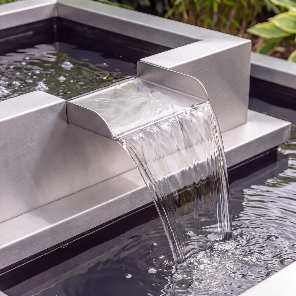 Kaskadenbrunnen aus Edelstahl mit Edelstahl-Wasserauslauf und mehrstufigen Metall-Wasserbecken.