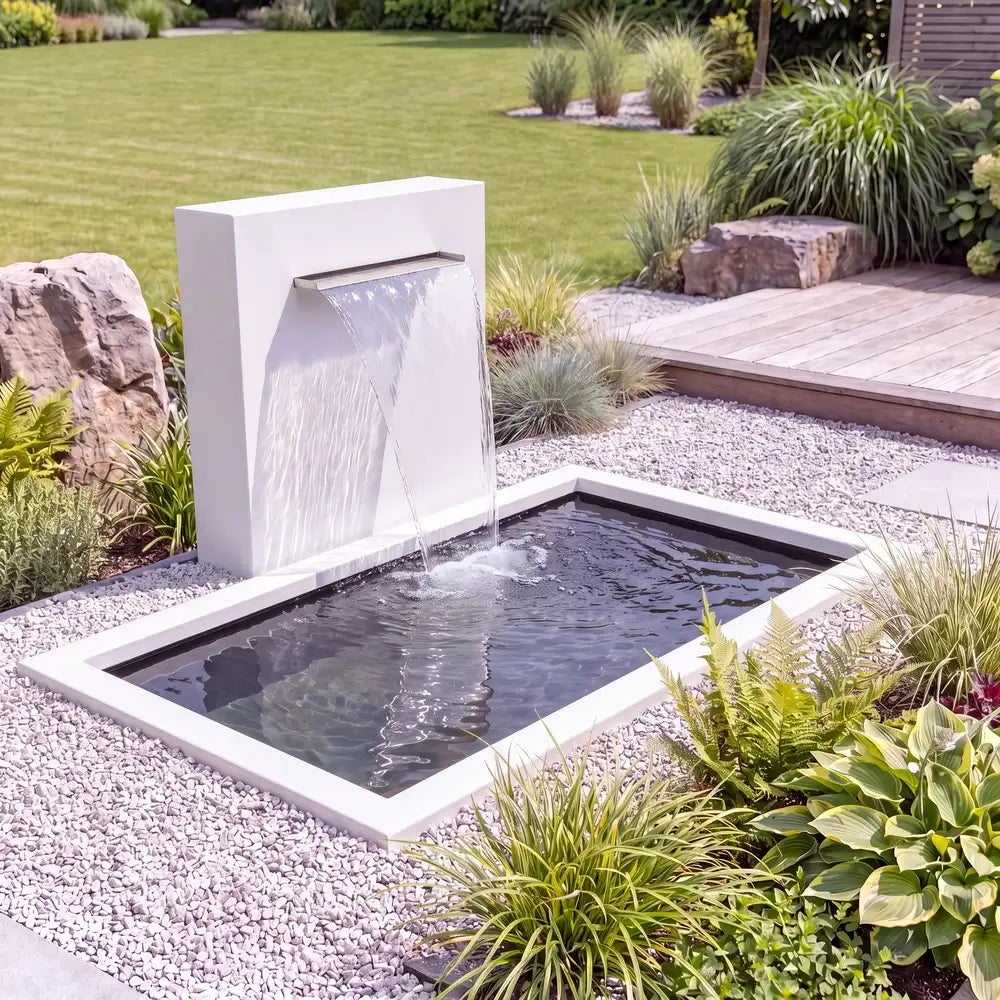 GFK-Teich mit Umrandung im Garten mit einer freistehenden Teichwand aus Aluminium.