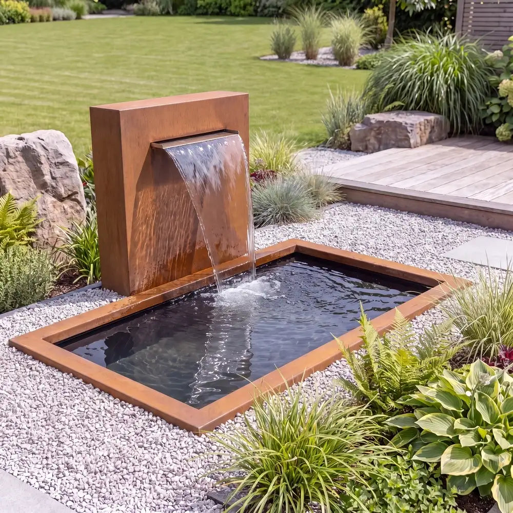 GFK-Teich mit Umrandung im Garten mit einer freistehenden Teichwand aus Cortenstahl.