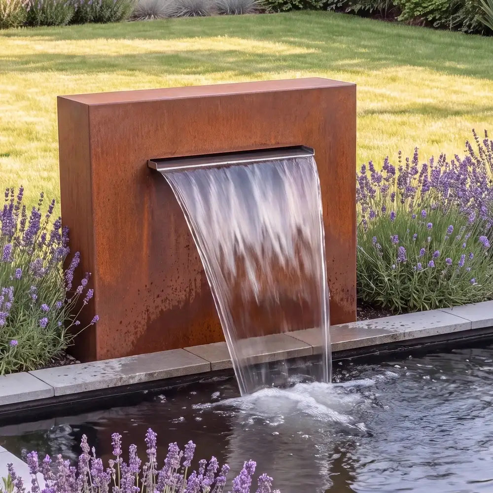 Teichwand aus Cortenstahl mit Wasserfall an einem einem Teichbecken im Garten.