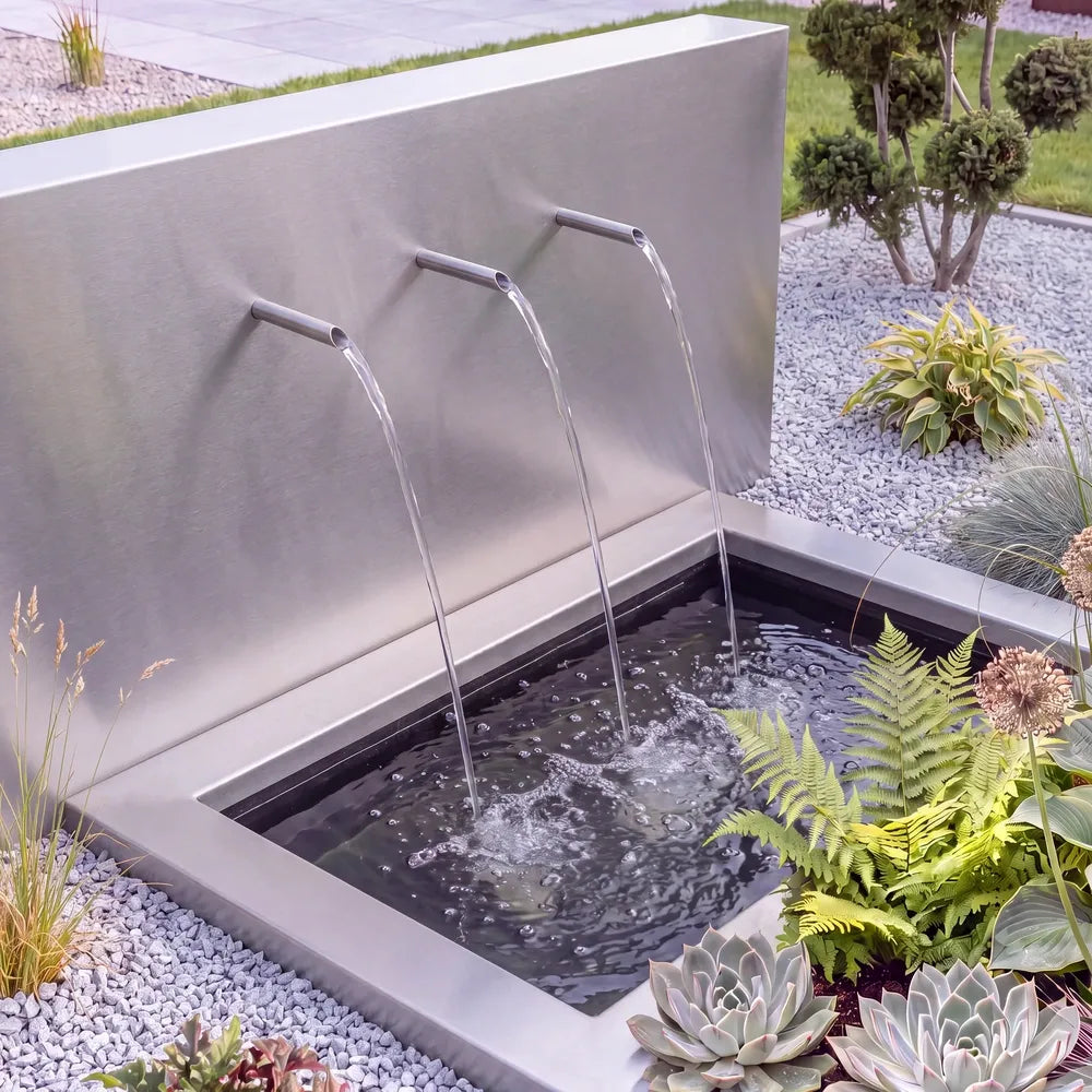 Freistehende Teichwand aus Edelstahl mit drei Wassereinläufen vor einem versenkten Teichbecken aus GFK und Becken-Umrandung im Garten.