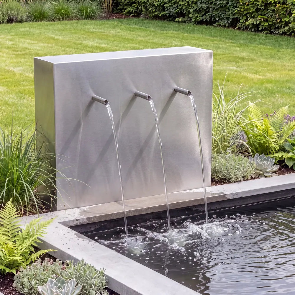 Teichwand mit Wasserausläufen aus Edelstahl an einem Gartenteich in einem modernen deutschen Garten.