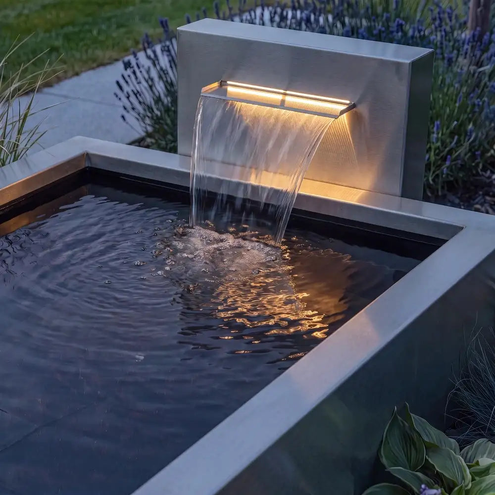 Freistehende Edelstahl-Teichwand mit Wasserfall an einem Hochteich-Wasserbecken am Abend mit Beleuchtung.