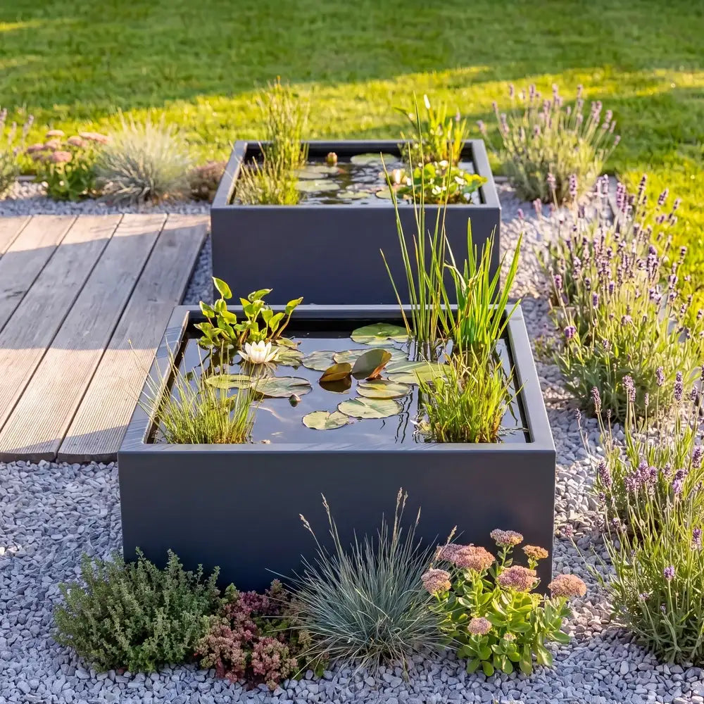Quadratische Wasserbecken aus Aluminium mit Wasserpflanzen und Fischen und einem Holzdeck in einem modernen Garten.