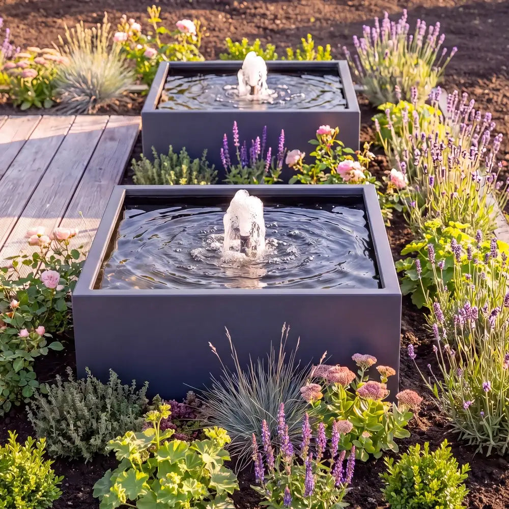 Quadratischer Alu-Teich als Gartenbrunnen mit Schaumsprudler und Wasserfontäne im Aussenbereich.