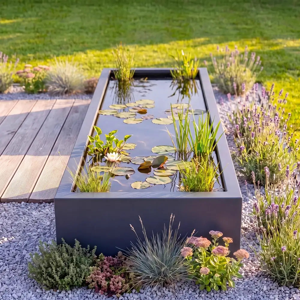 Langer rechteckiger Teich aus Aluminium mit Wasserpflanzen und Fischen, auf einer Kiesfläche mit Lavendel in einem Garten.
