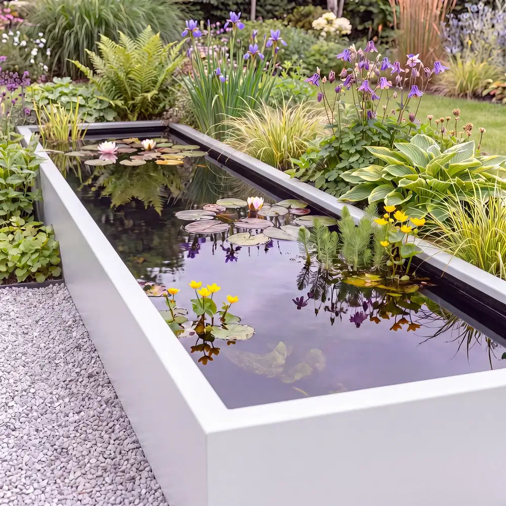 Rechteckiges Teichbecken aus Aluminium in einen grünen Garten zwischen Pflanzen in einem Blumenbeet als Gartenteich mit Wasserpflanzen im Wasser.