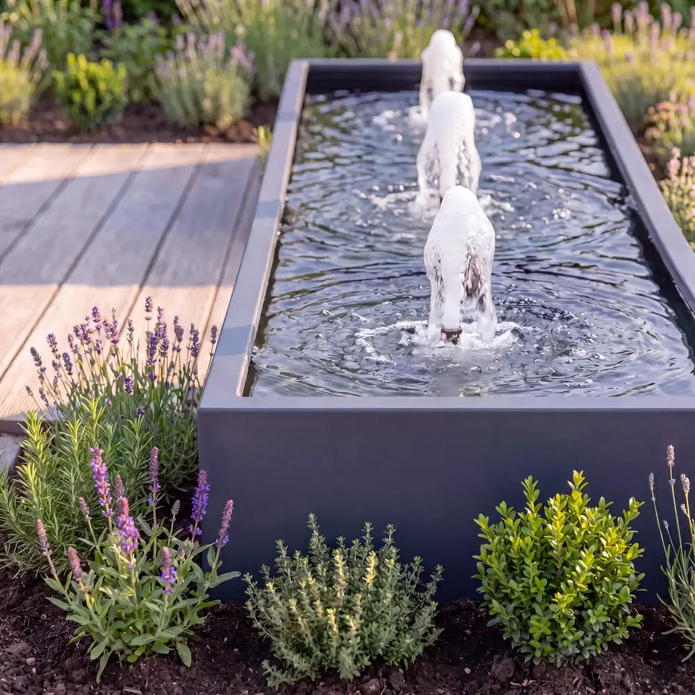 Rechteckiges Wasserbecken aus Aluminium mit Schaumsprudler und Wasserfontänen als Metall-Gartenbrunnen in einem modernen Garten.