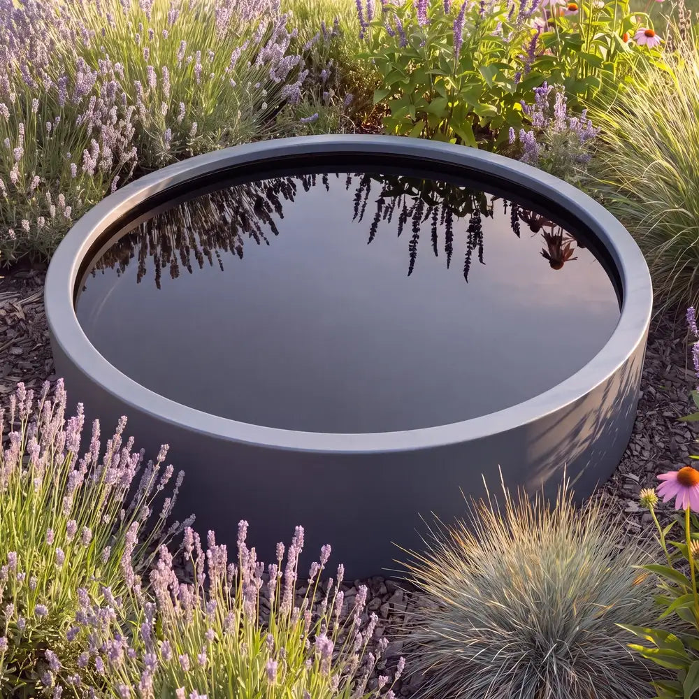Runder Teich aus Aluminium mit spiegelglatter Wasseroberfläche zwischen mediterranen Pflanzen in einem modernen Garten.