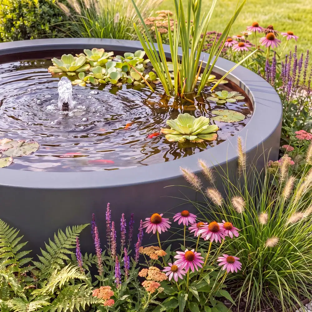 Aluminium-Wasserbecken in runder Form mit Wasserpflanzen, kleinen Teichfischen und einer Wasserfontäne als modernes Wasserspiel.
