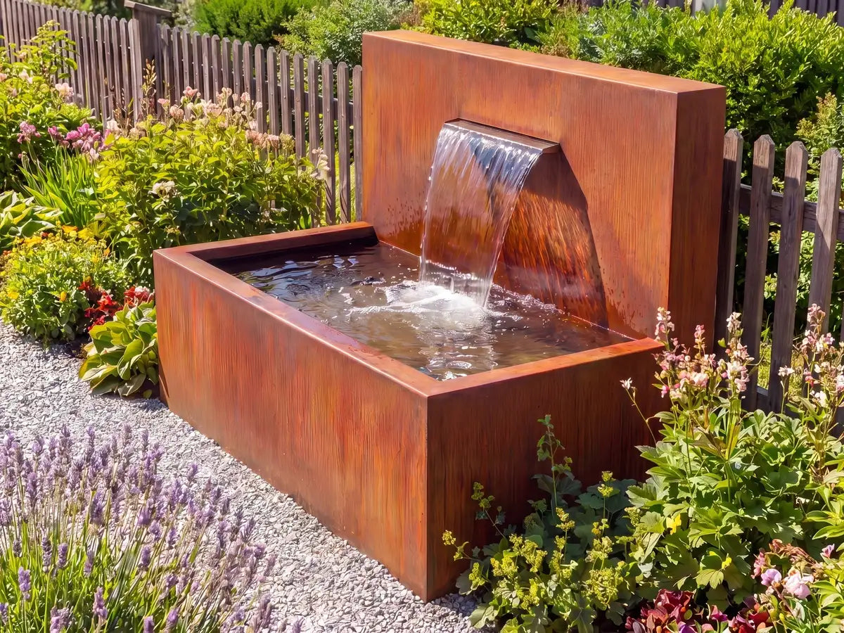 Cortenstahl-Wasserbecken mit Wasserfall in einem Garten am Zaun mit grünen Pflanzen