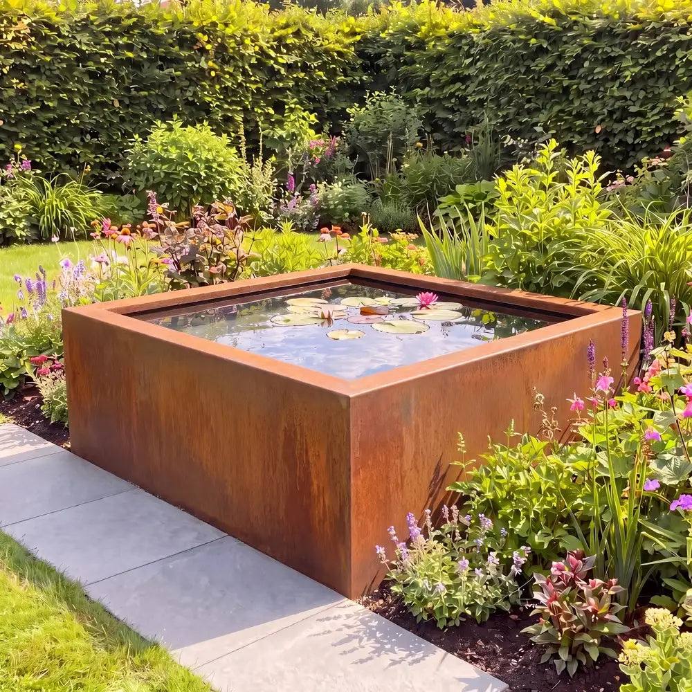 Hohes quadratisches Cortenstahl-Wasserbecken mit Seerosen im Wasser in einem grünen Blumenbeet im Garten.