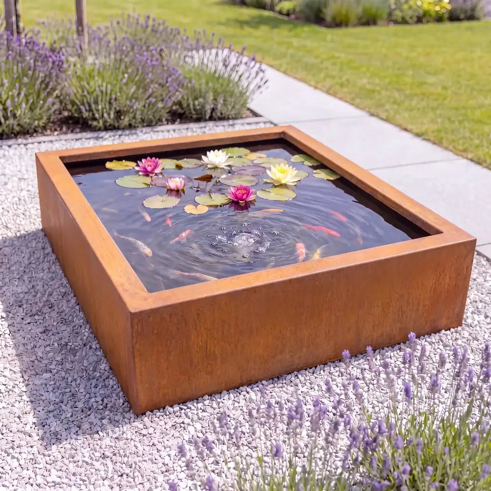 Großer quadratischer Teich aus Cortenstahl mit Fischen mit mediterranen Pflanzen in einem modernen Garten.