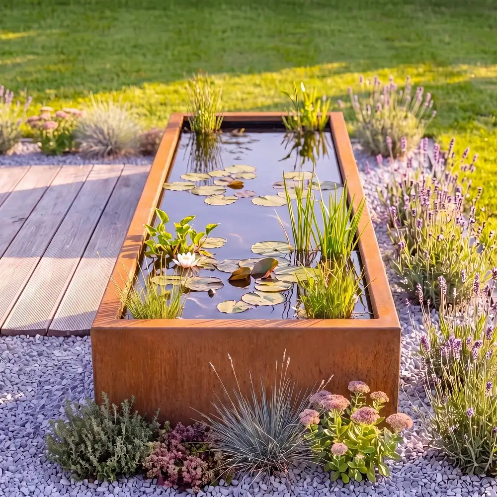 Langer rechteckiger Teich aus Cortenstahl mit Wasserpflanzen und Fischen, auf einer Kiesfläche mit Lavendel in einem Garten.