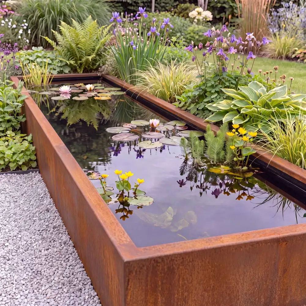 Rechteckiges Teichbecken aus Cortenstahl in einen grünen Garten zwischen Pflanzen in einem Blumenbeet als Gartenteich mit Wasserpflanzen im Wasser.