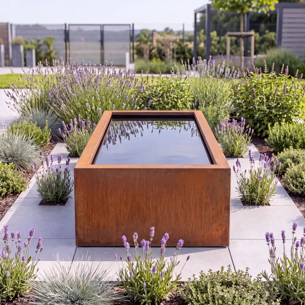 Rechteckiger Hochteich aus Cortenstahl mit spiegelndem Wasser auf einer Pflasterfläche in einem modernen Design-Garten.