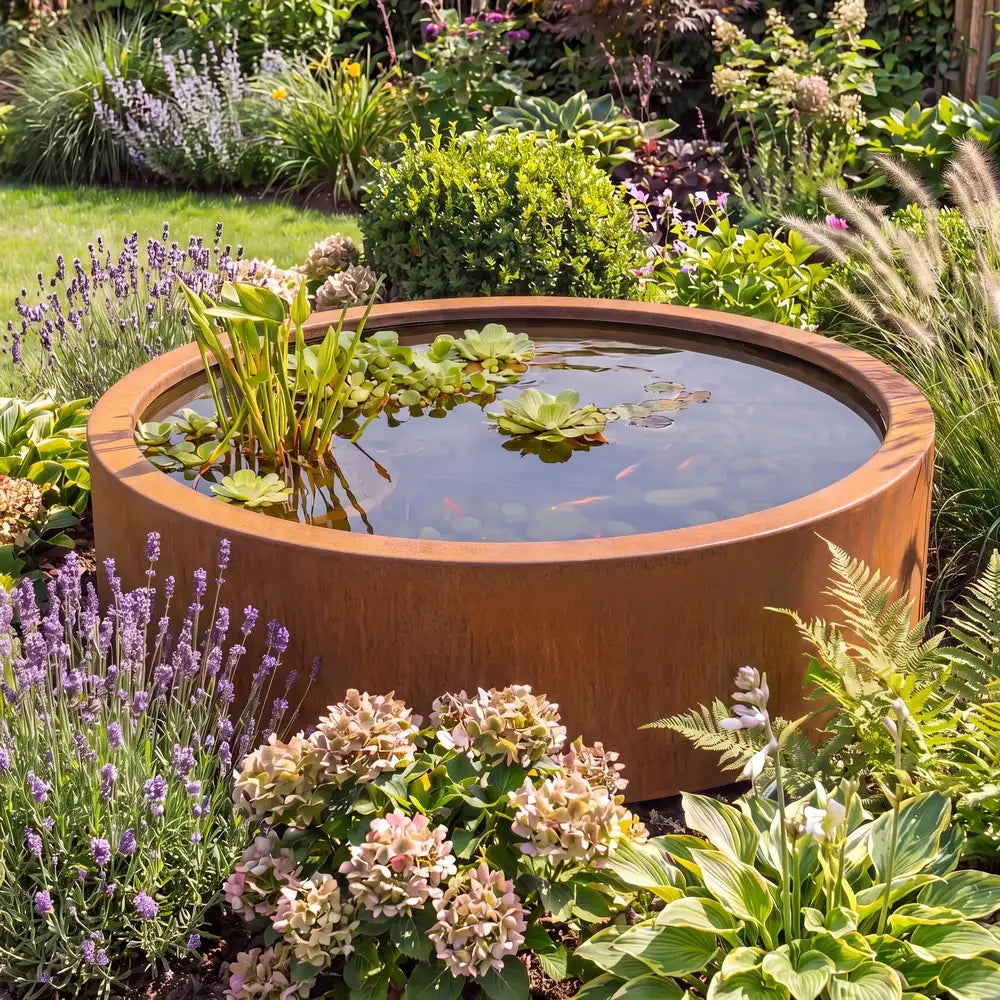 Moderner Gartenteich mit Pflanzen und Fischen und einem runden Wasserbecken aus Cortenstahl in einem grünen Blumenbeet.