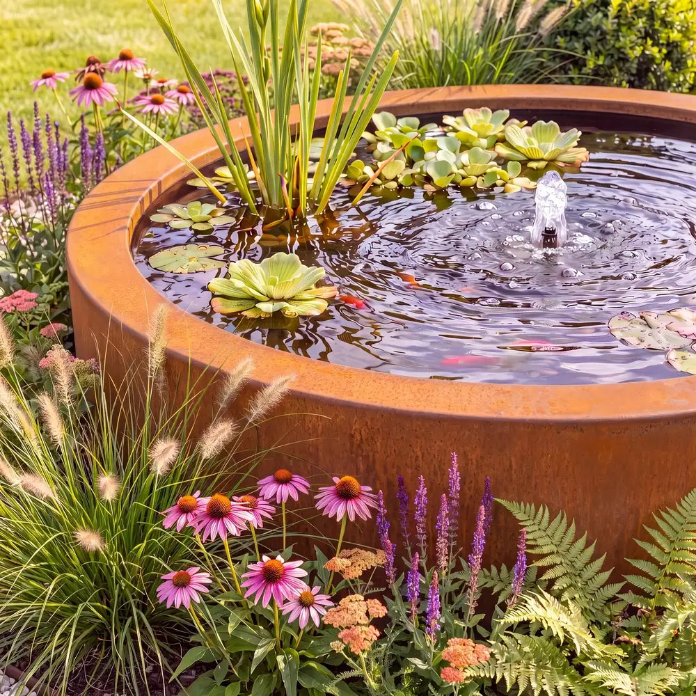 Cortenstahl-Wasserbecken in runder Form mit Wasserpflanzen, kleinen Teichfischen und einer Wasserfontäne als modernes Wasserspiel.