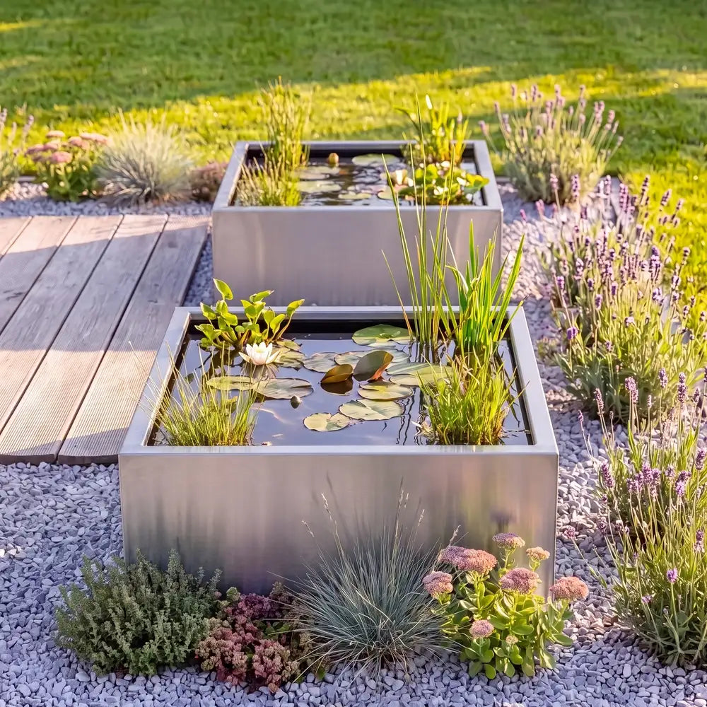 Quadratische Wasserbecken aus Edelstahl mit Wasserpflanzen und Fischen und einem Holzdeck in einem modernen Garten.