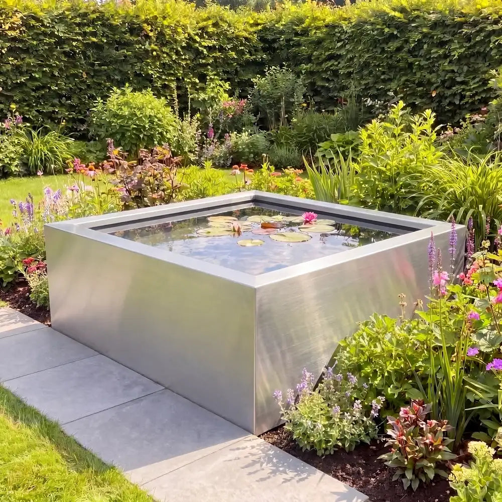 Hohes quadratisches Edelstahl-Wasserbecken mit Seerosen im Wasser in einem grünen Blumenbeet im Garten.