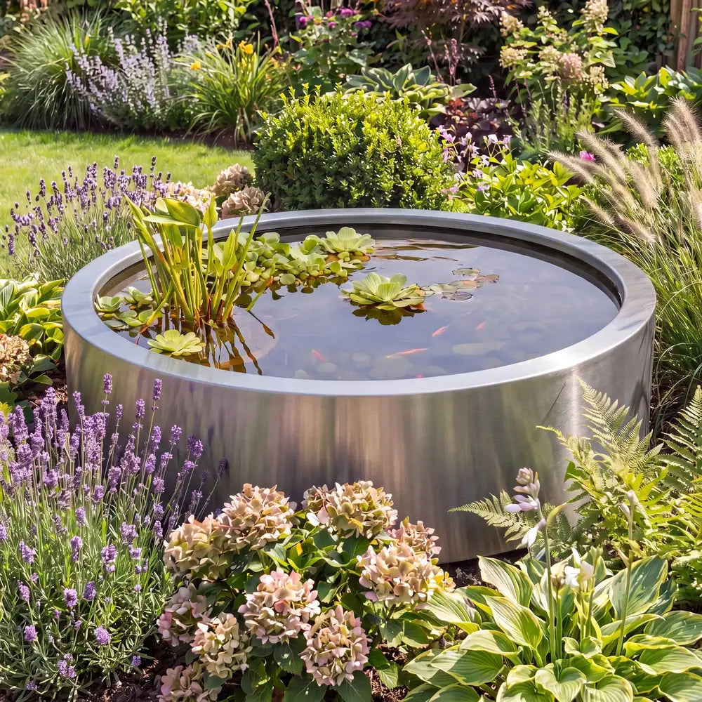 Moderner Gartenteich mit Pflanzen und Fischen und einem runden Wasserbecken aus Edelstahl in einem grünen Blumenbeet.