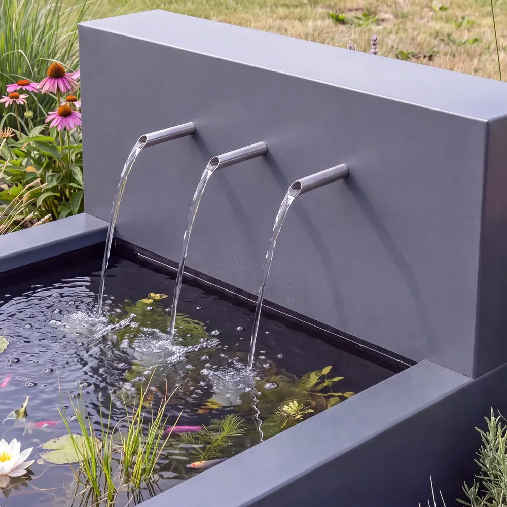 Großes Wasserfall-Element aus Aluminium mit drei Wasserausläufen auf einem Metall-Wasserbecken in einem Garten.