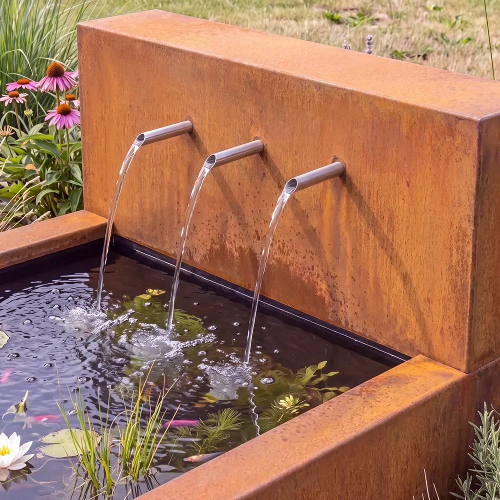 Großes Wasserfall-Element aus Cortenstahl mit drei Wasserausläufen auf einem Metall-Wasserbecken in einem Garten.