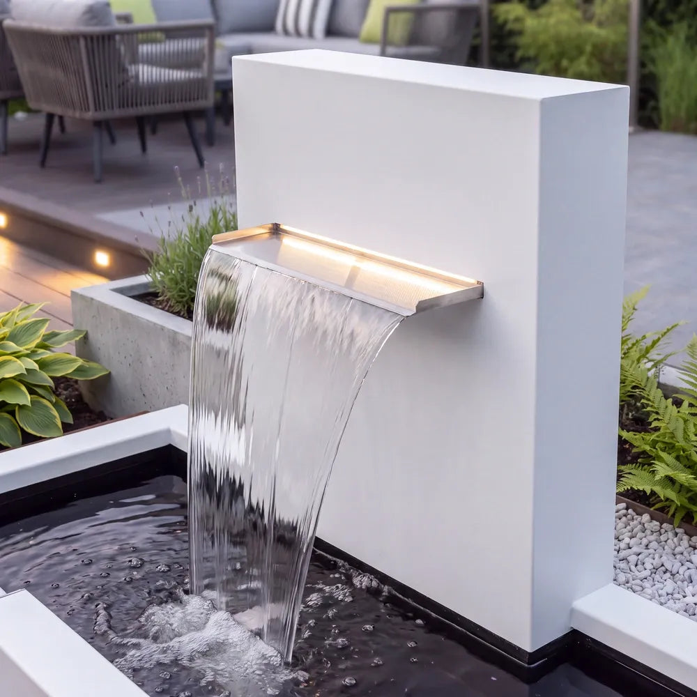 Kaskadenbrunnen aus Aluminium mit Beleuchtung der Edelstahl-Wasserschütte am Abend vor einer modernen Terrasse.