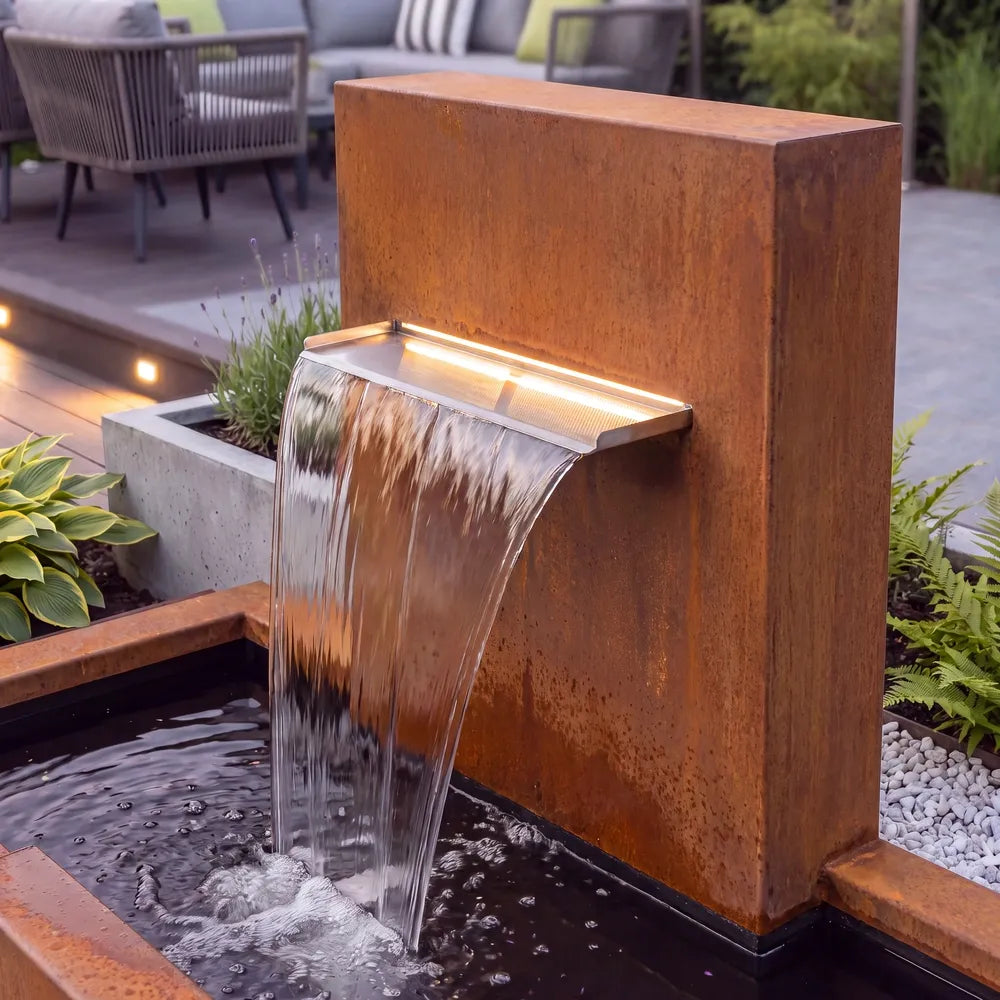 Kaskadenbrunnen aus Cortenstahl mit Beleuchtung der Edelstahl-Wasserschütte am Abend vor einer modernen Terrasse.