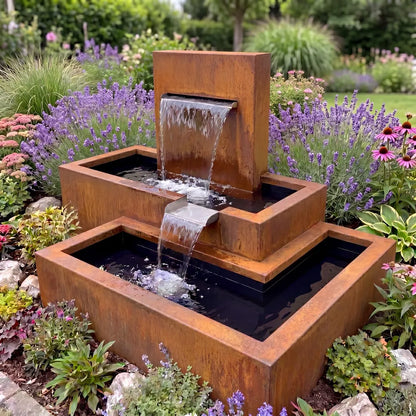 Kaskadenbrunnen Vela mit Wasserfall • Cortenstahl