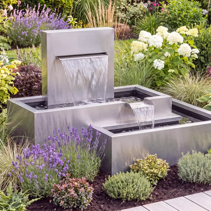 Edelstahl-Brunnen mit einer Wasserkaskade aus Metall in einem Blumenbeet mit bunten Blumen und grünen Pflanzen.