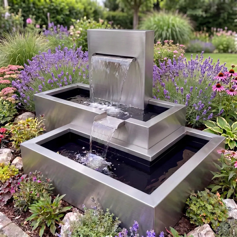 Kaskadenbrunnen Vela mit Wasserfall • Edelstahl