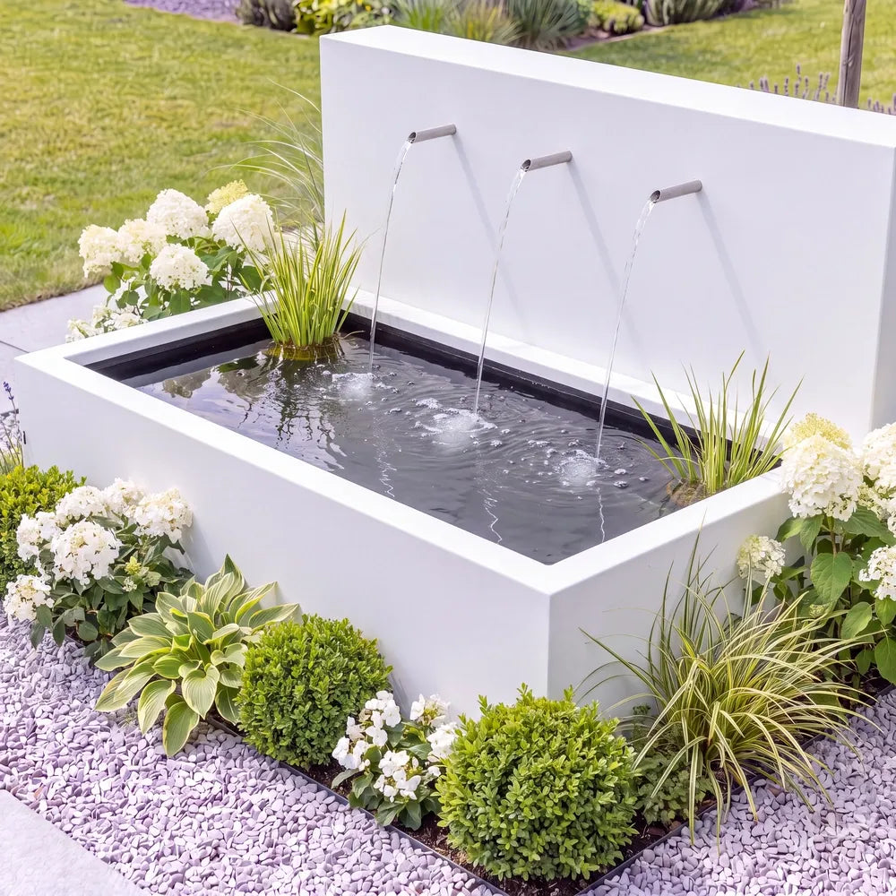 Moderne Teichwand aus Aluminium mit Edelstahl-Einlaufrohren an einem Metall-Wasserbecken auf einer Kiesfläche mit Pflanzen und Blumen.