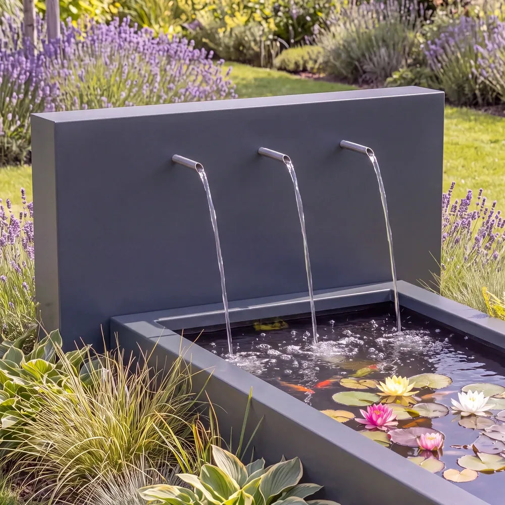 Hochteich aus Aluminium mit dahinter stehender Teichwand und drei Wasser-Einlaufrohren in einem bunten Blumenbeet.