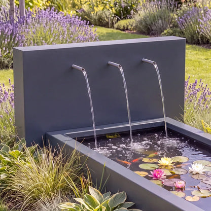 Hochteich aus Aluminium mit dahinter stehender Teichwand und drei Wasser-Einlaufrohren in einem bunten Blumenbeet.
