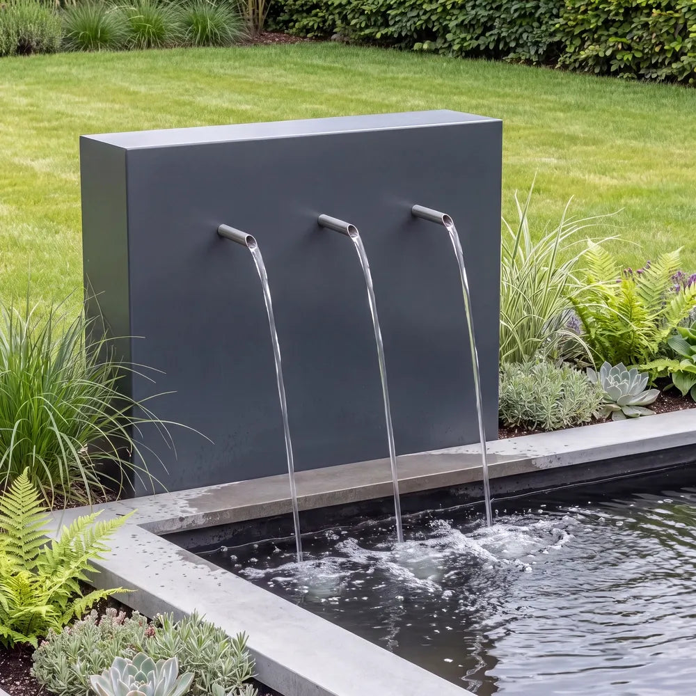 Teichwand mit Wasserausläufen aus Aluminium an einem Gartenteich in einem modernen deutschen Garten.