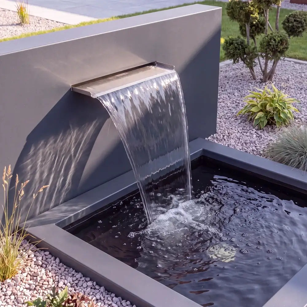 Teichwand an einem Gartenteich aus Aluminium mit Wasserfall in einem Blumenbeet.