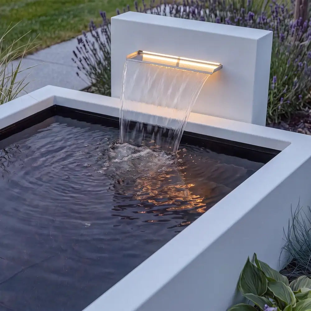 Freistehende Aluminium-Teichwand mit Wasserfall an einem Hochteich-Wasserbecken am Abend mit Beleuchtung.