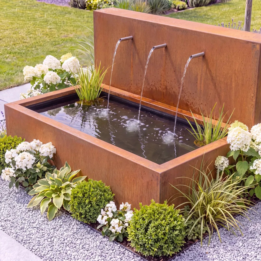 Moderne Teichwand aus Cortenstahl mit Edelstahl-Einlaufrohren an einem Metall-Wasserbecken auf einer Kiesfläche mit Pflanzen und Blumen.