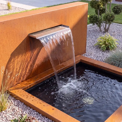 Teichwand an einem Gartenteich aus Cortenstahl mit Wasserfall in einem Blumenbeet.