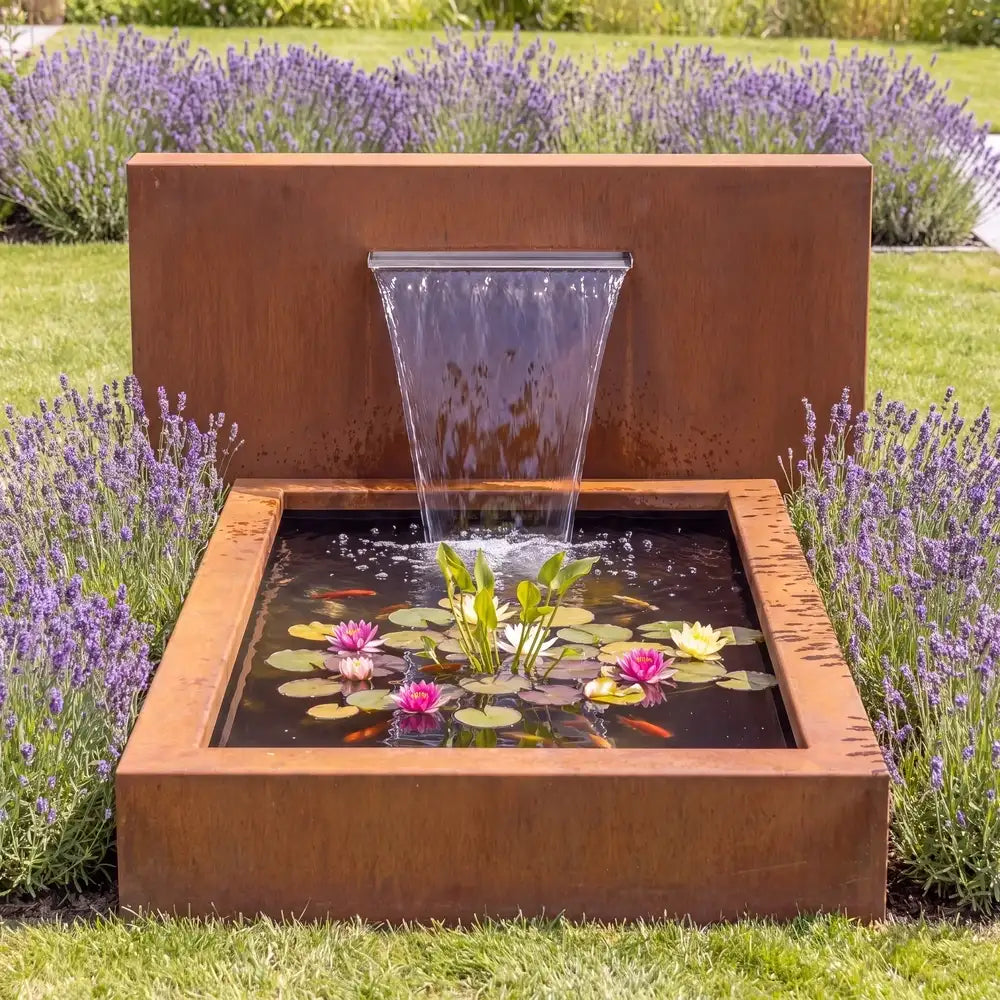 Wasserbecken aus Cortenstahl mit Teichwand und Wasserfall sowie Fischen und Wasserpflanzen im Wasser.