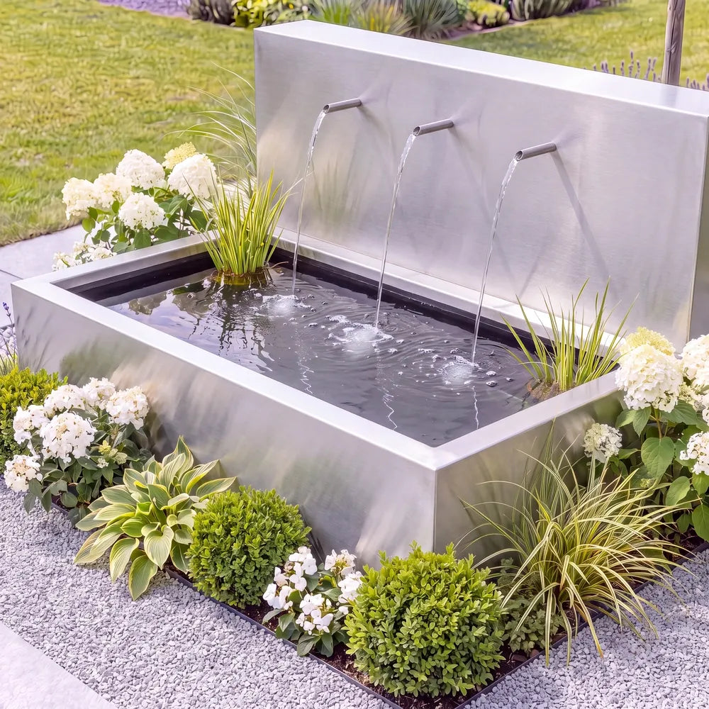 Moderne Teichwand aus Edelstahl mit Edelstahl-Einlaufrohren an einem Metall-Wasserbecken auf einer Kiesfläche mit Pflanzen und Blumen.