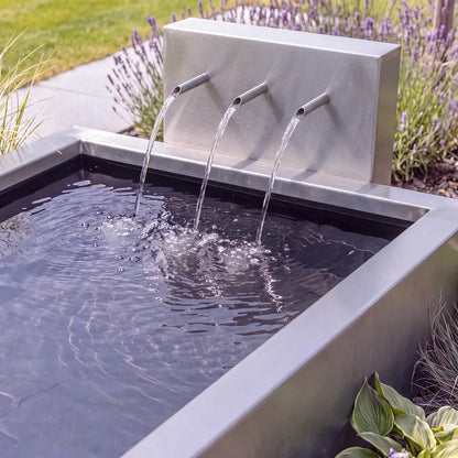 Edelstahl-Wasserbecken mit einer Teichwand und Einläufen aus denen Wasser in das Metall-Becken fließt. 