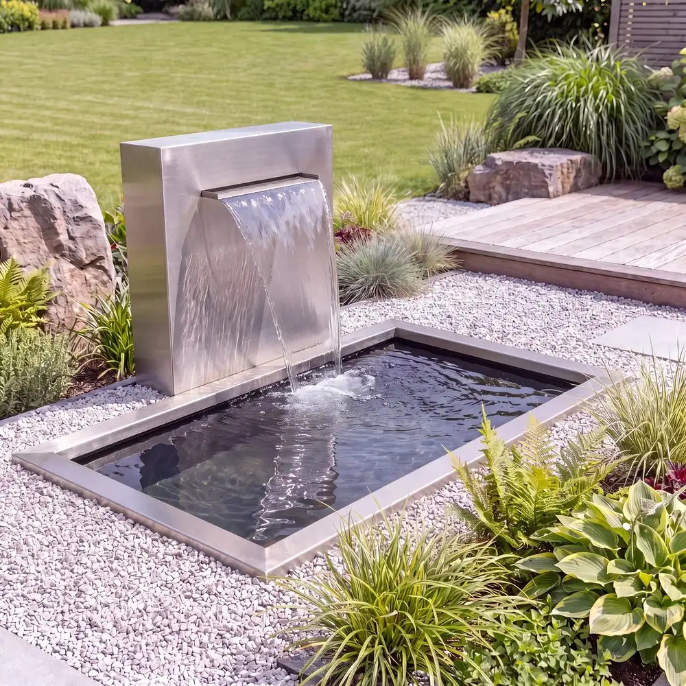 GFK-Teich mit Umrandung im Garten mit einer freistehenden Teichwand aus Edelstahl.