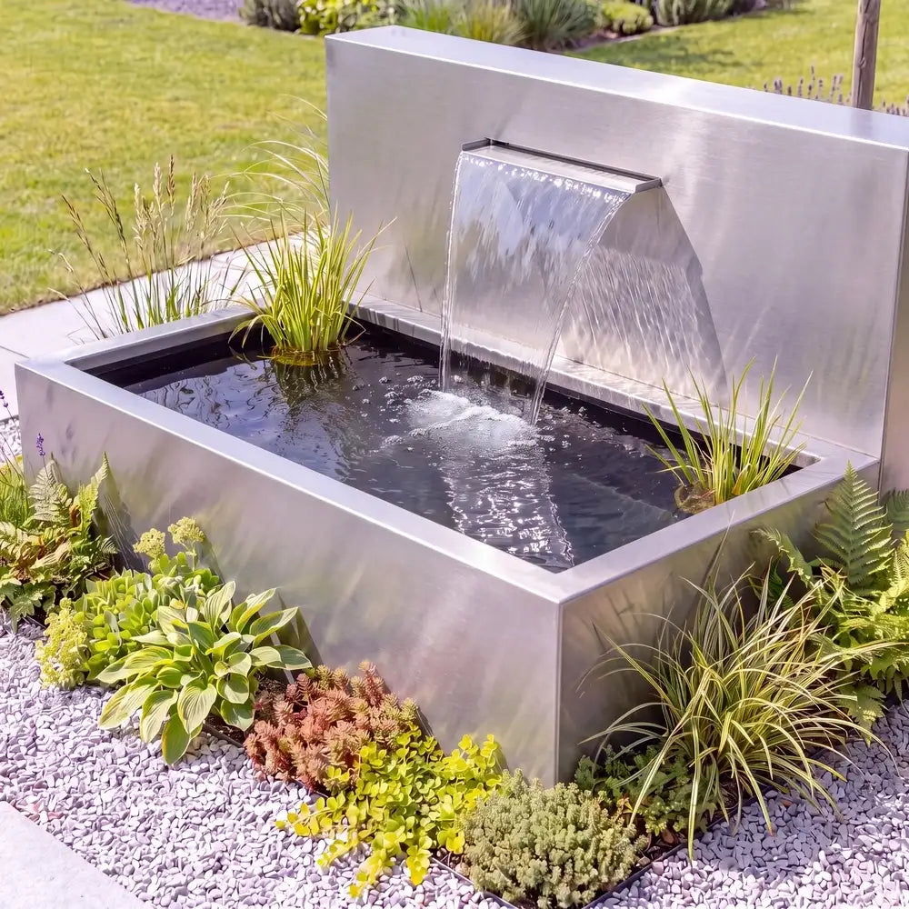 Hochteich aus Edelstahl mit freistehender Teichwand und Wasserfall in einem modernen Garten.