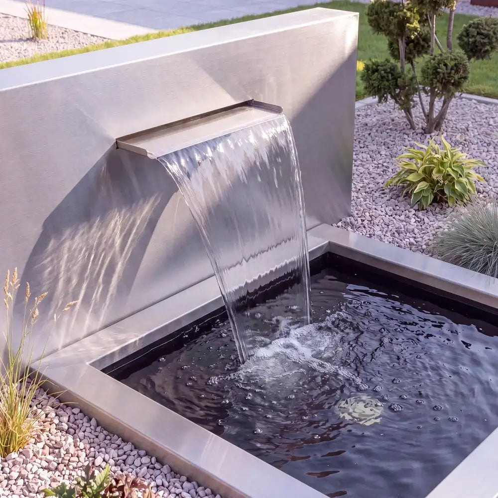 Teichwand an einem Gartenteich aus Edelstahl mit Wasserfall in einem Blumenbeet.