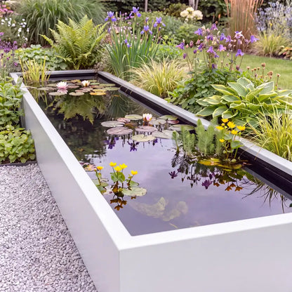 Rechteckiges Teichbecken aus Aluminium in einen grünen Garten zwischen Pflanzen in einem Blumenbeet als Gartenteich mit Wasserpflanzen im Wasser.