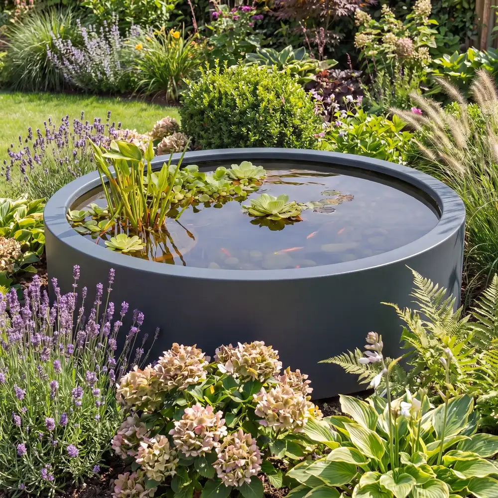 Moderner Gartenteich mit Pflanzen und Fischen und einem runden Wasserbecken aus Aluminium in einem grünen Blumenbeet.