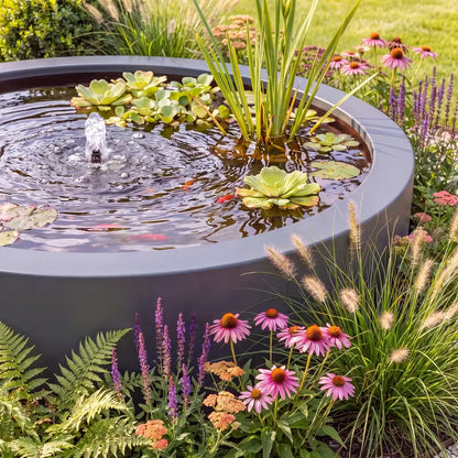 Aluminium-Wasserbecken in runder Form mit Wasserpflanzen, kleinen Teichfischen und einer Wasserfontäne als modernes Wasserspiel.